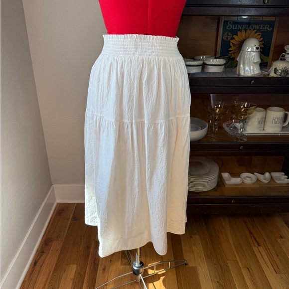 Nine West White Smocked Waist Midi Skirt | Crinkle Textured Summer Skirt M - Picture 1 of 5